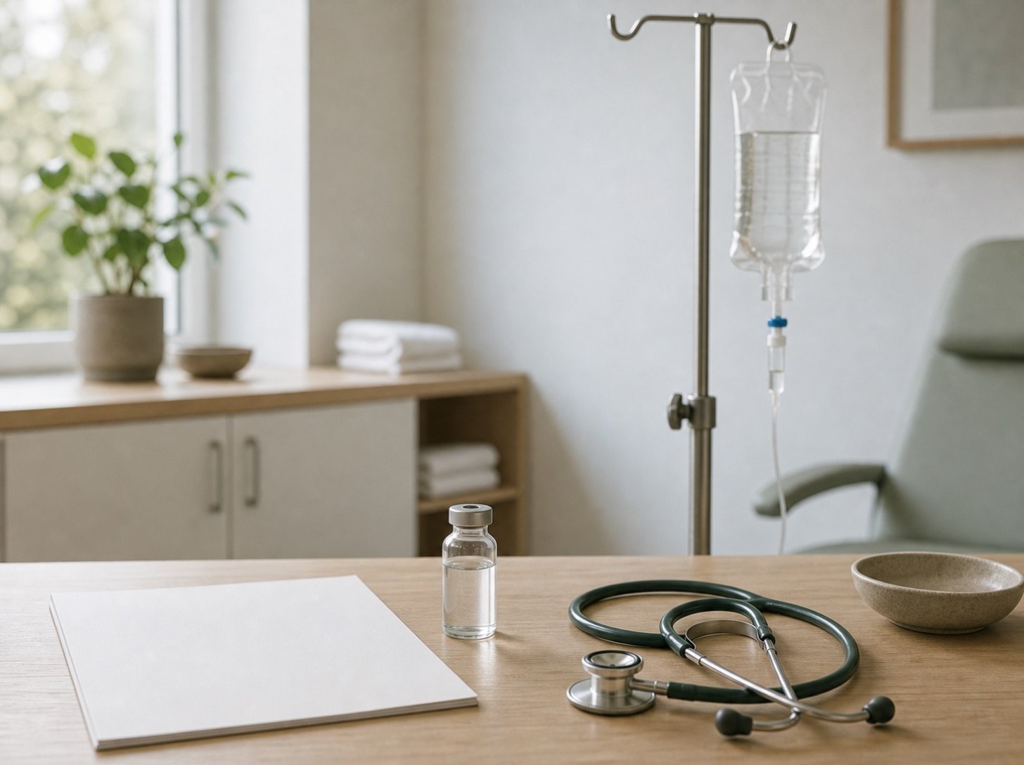 En droppåse märkt EDTA bredvid laboratorieprov för metallhalter och njurfunktion.