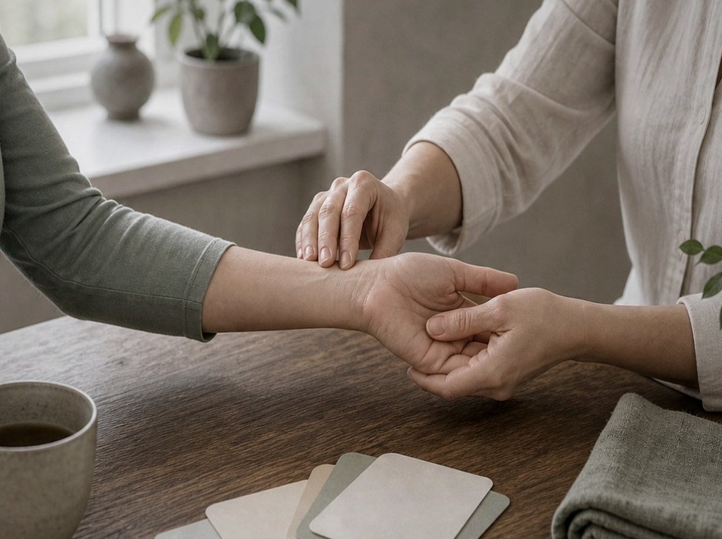 En utövare håller mjukt om en persons hand och handled.