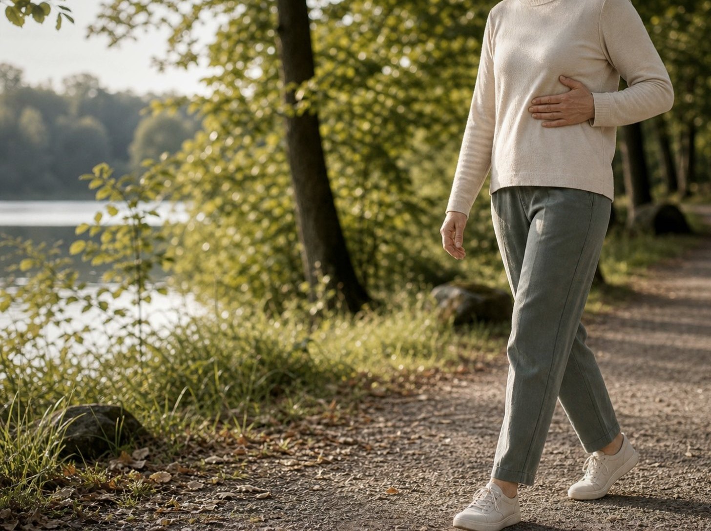 En person promenerar på en stig i ett grönområde intill en sjö.