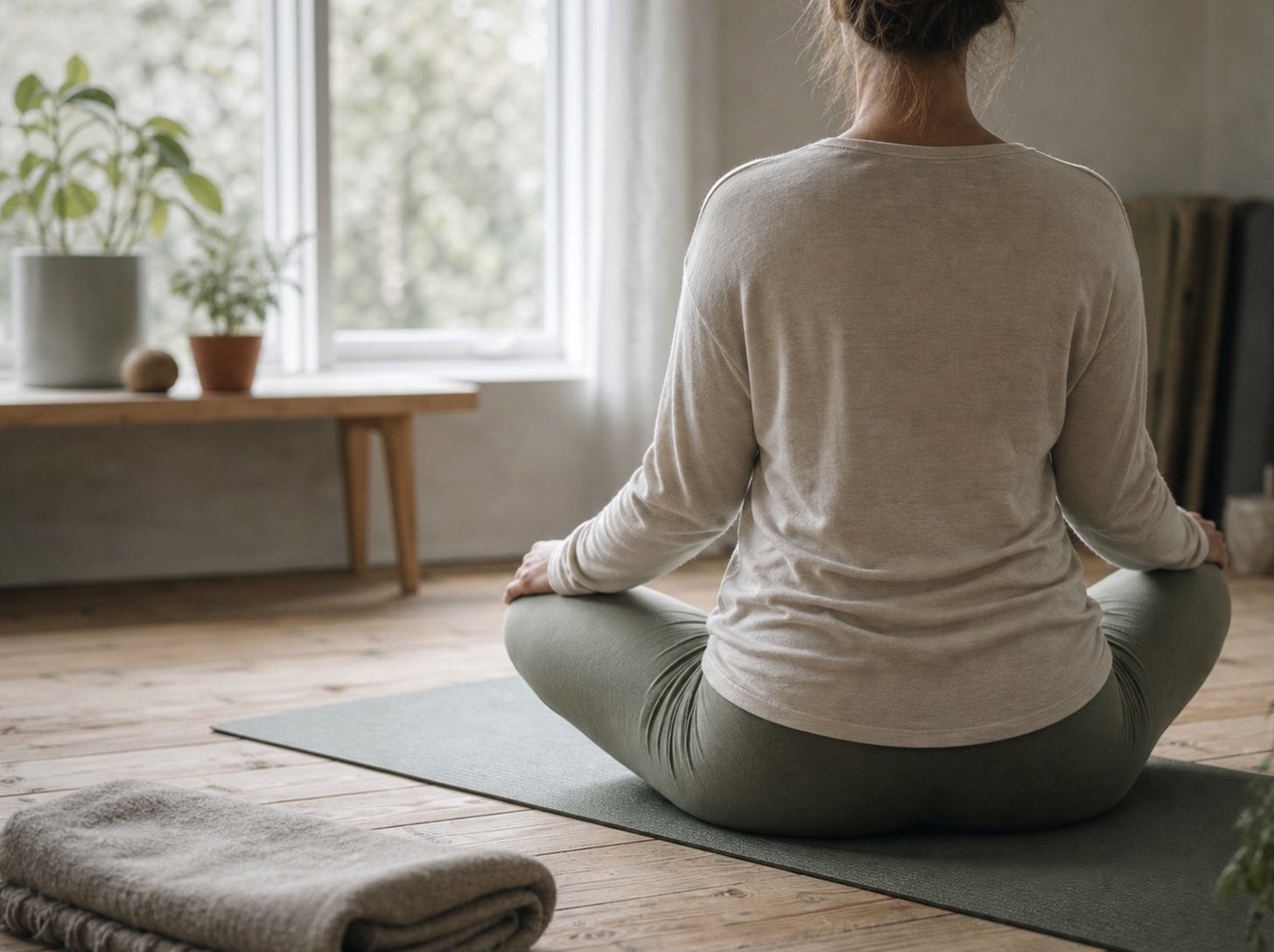 En person sitter med korslagda ben på en yogamatta i ett lugnt rum.