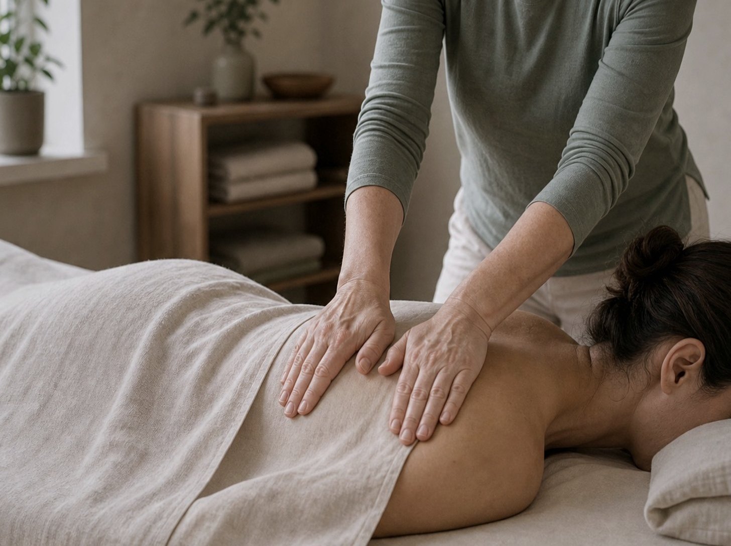 En massageterapeut arbetar med underarmen över ryggen på en vuxen person som ligger på en brits.