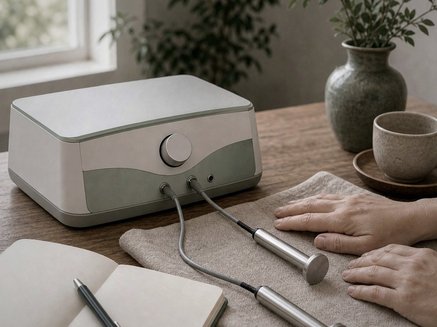 En neutral apparat med två applikatorer som illustrerar behandling med pulserande elektromagnetiska fält.