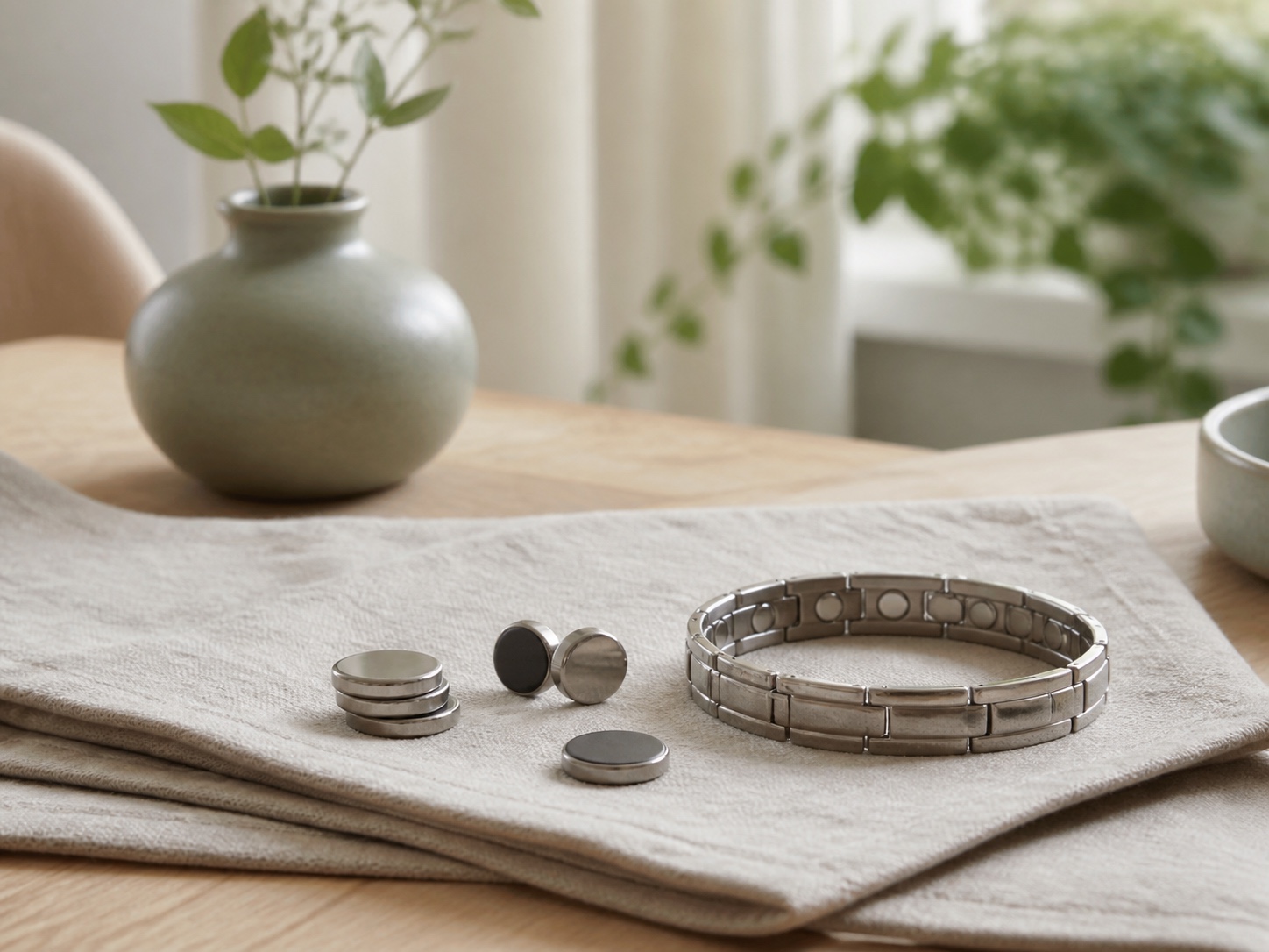 Statiska terapimagneter och ett enkelt magnetarmband på en linneservett.