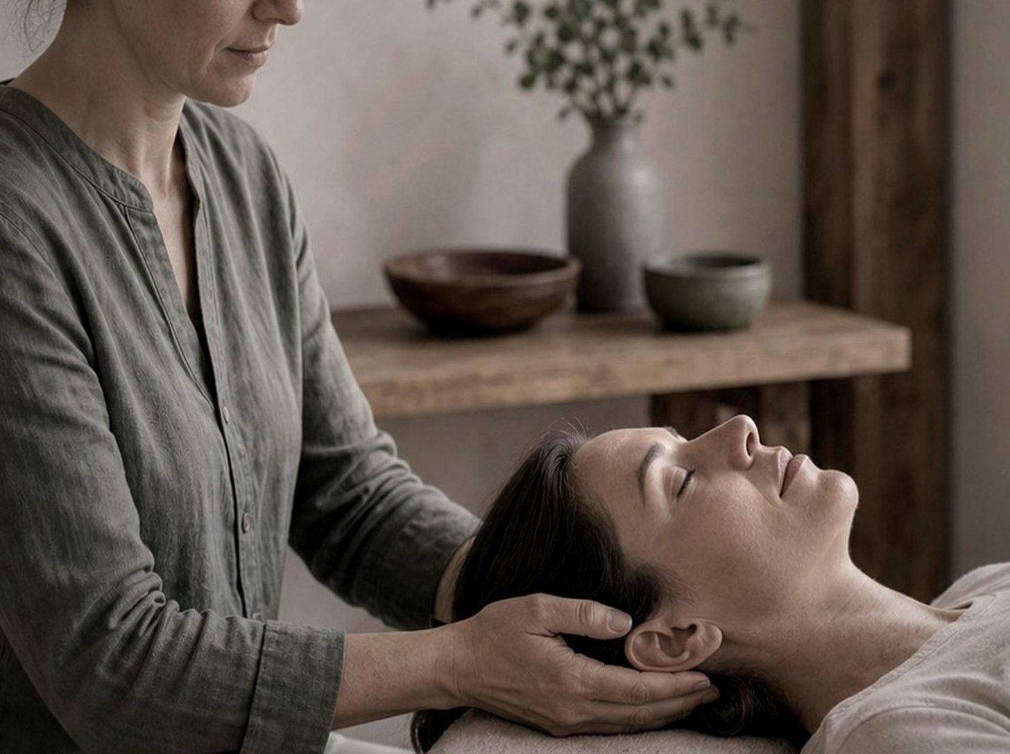 En behandlare ger lugn massage runt nacke och huvud.