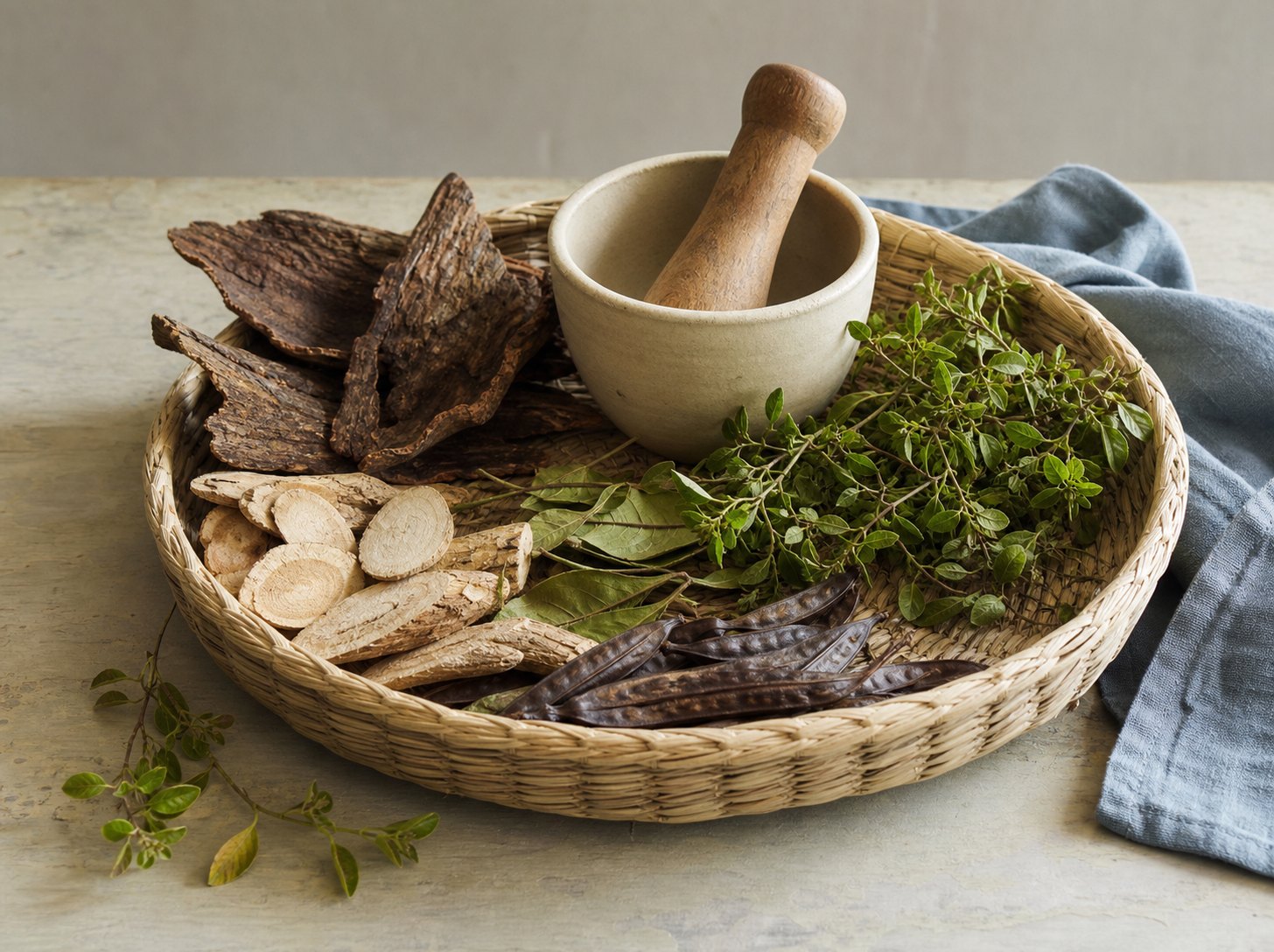 Bark, skivade rötter, blad, frökapslar och mortel som illustration av en växtberedning.