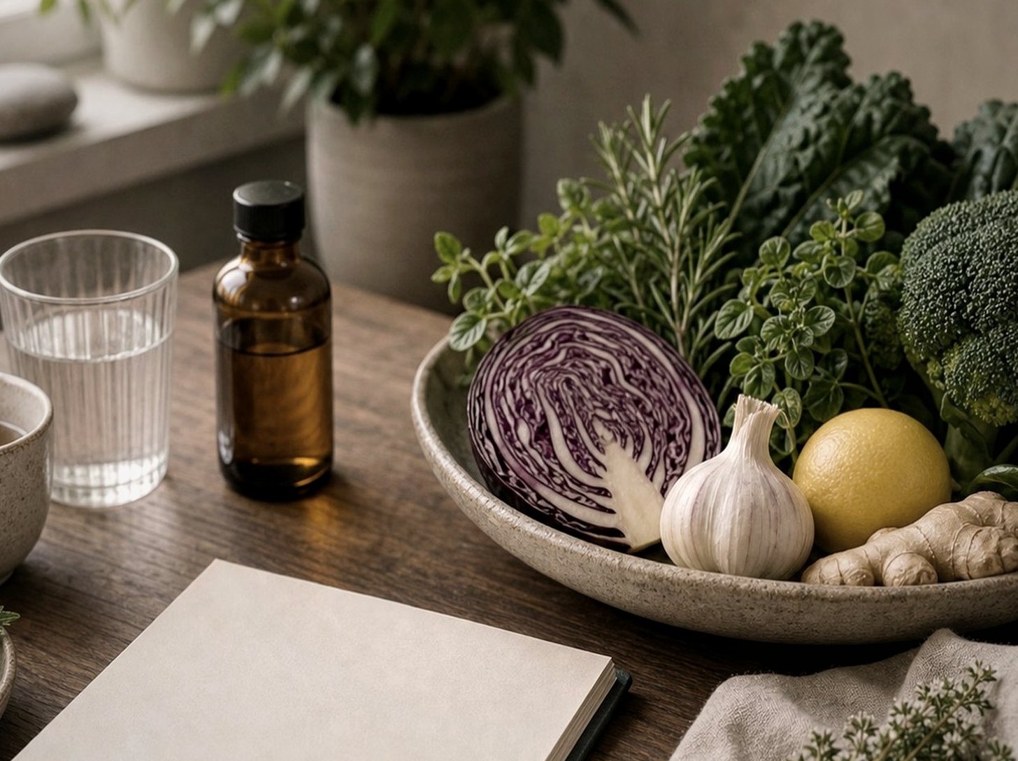 Samtal vid ett bord med växter, mat och anteckningar som illustration av ett möjligt naturopatiskt besök.