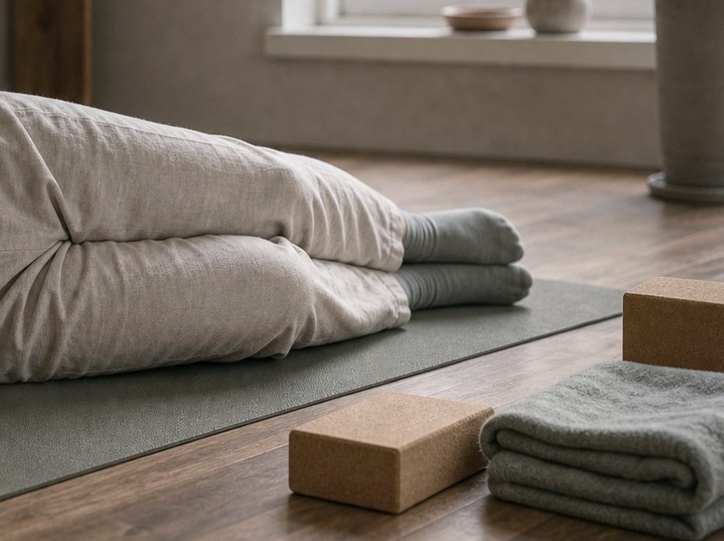 En person utför en kontrollerad pilatesövning på en matta med en instruktör bredvid.
