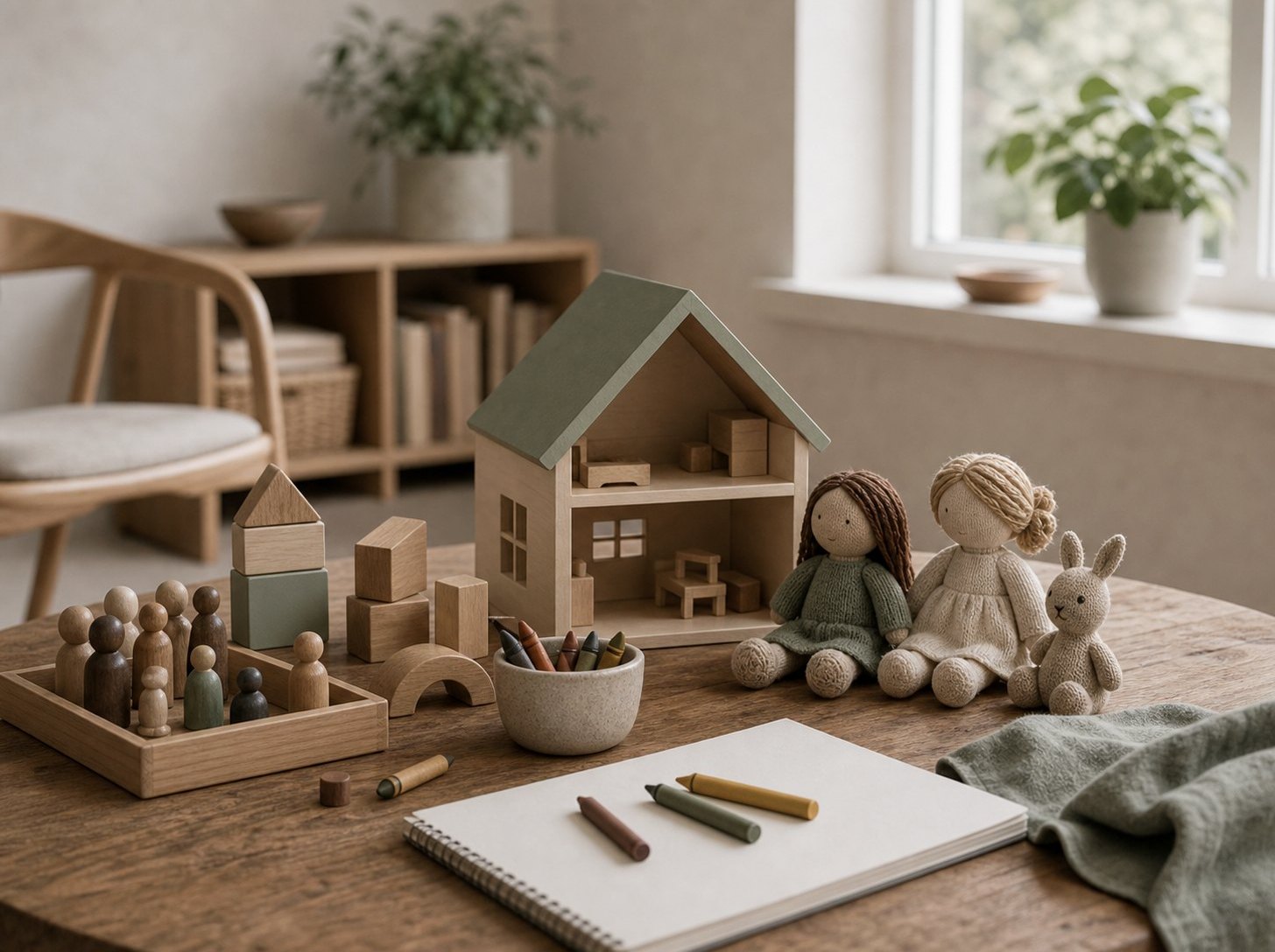 Ett barn och en terapeut sitter vid ett bord med figurer, teckningsmaterial och byggklossar.