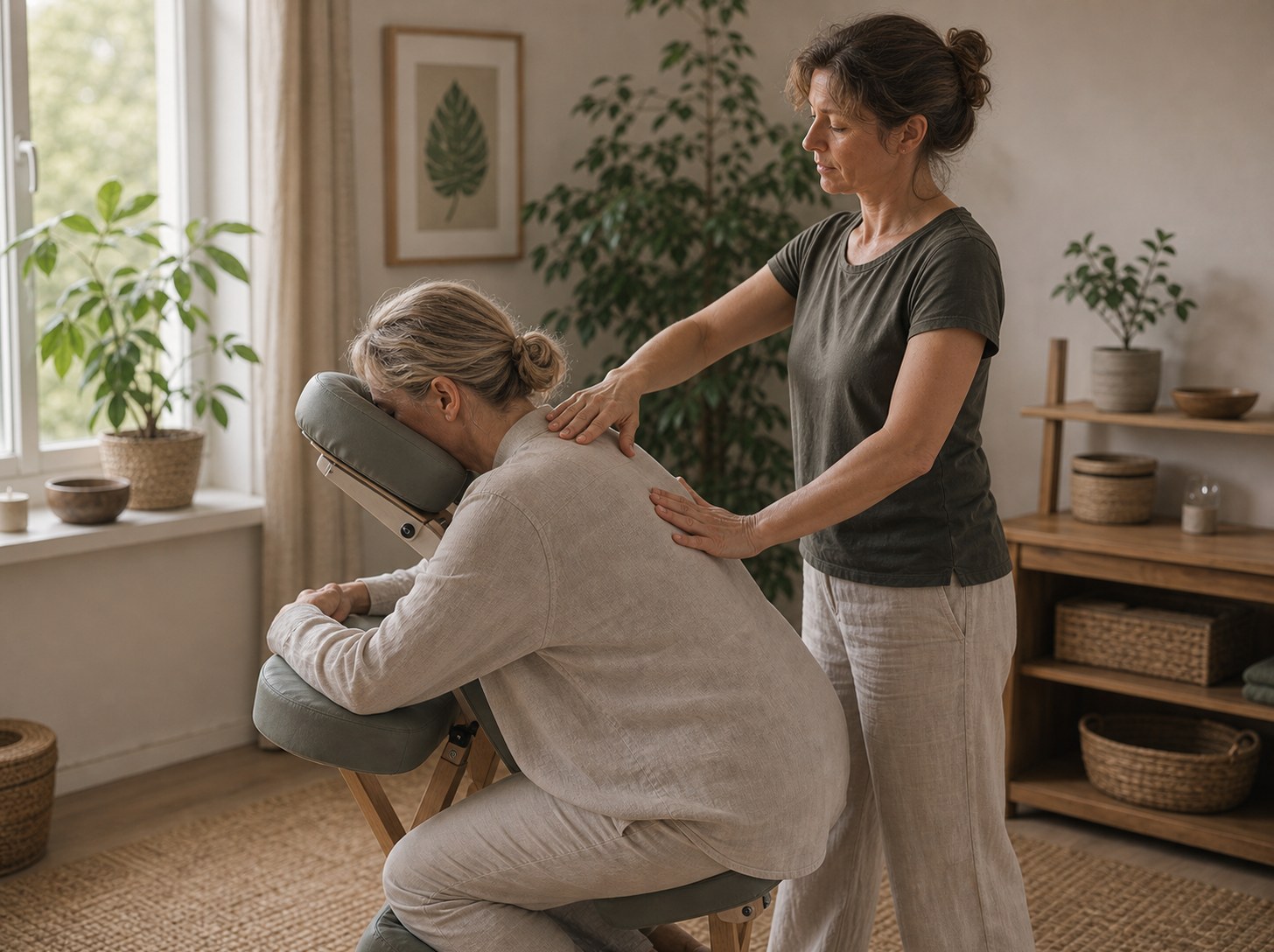 En person får lugn rytmisk massage över skuldror och rygg i en avskild behandlingsmiljö.
