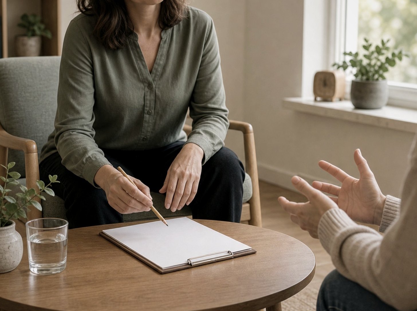 En samtalsledare med anteckningsblock lyssnar när en person beskriver sin upplevelse med händerna.