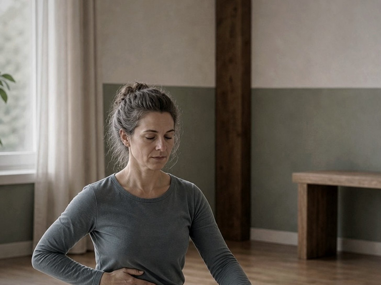 En person utför en lugn qi gong-rörelse med slutna ögon i en avskalad träningslokal.