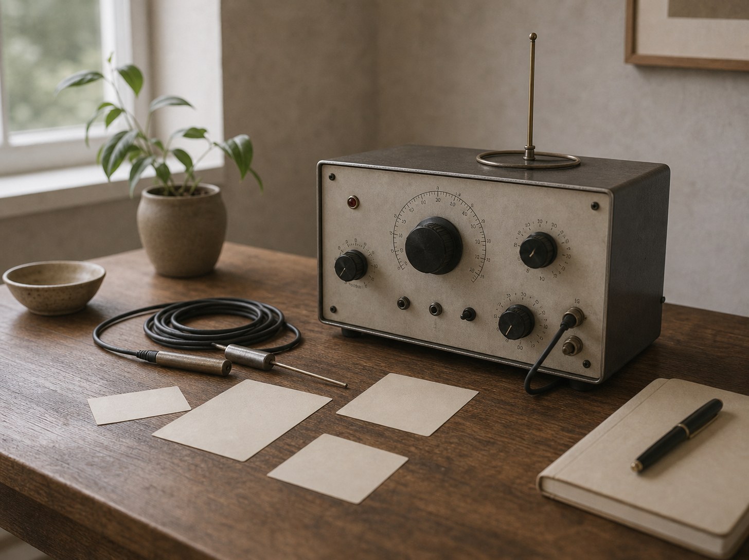 Ett äldre radionikliknande instrument med rattar, antenn, kablar och provkort står på ett bord.