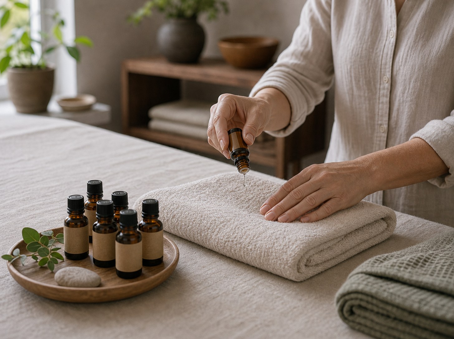 En behandlare applicerar olja varsamt på ryggen under en massagebehandling.