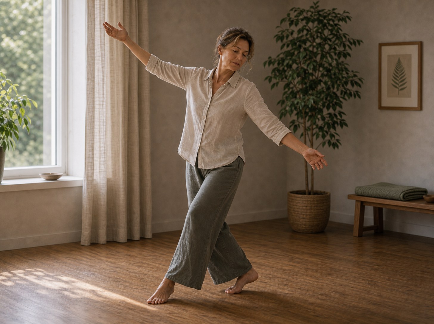 En person dansar fritt barfota i ett lugnt rum med mjuka rörelser.