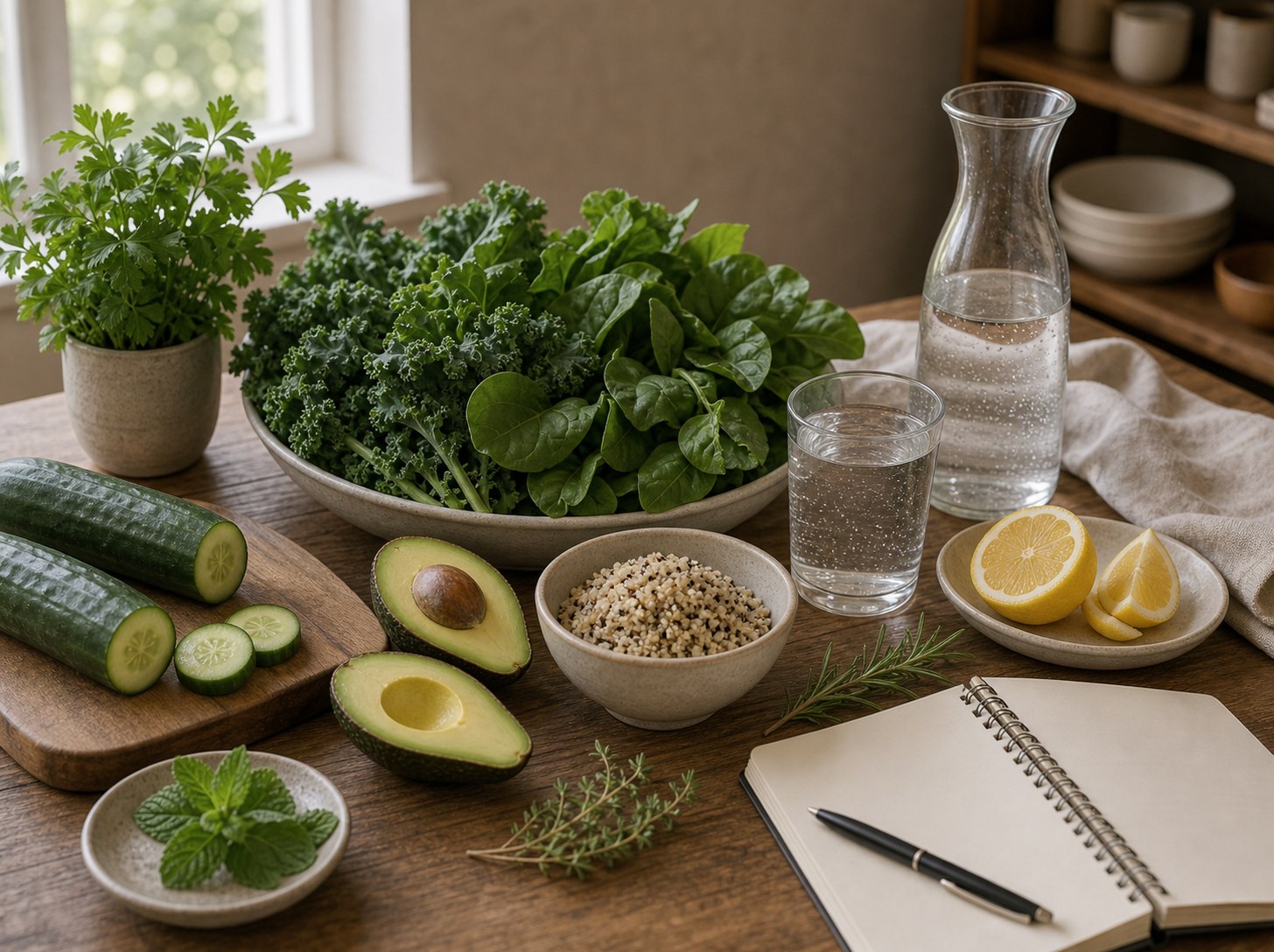 Bladgrönsaker, gurka, avokado, citron, gryn och vatten står framme vid ett anteckningsblock.