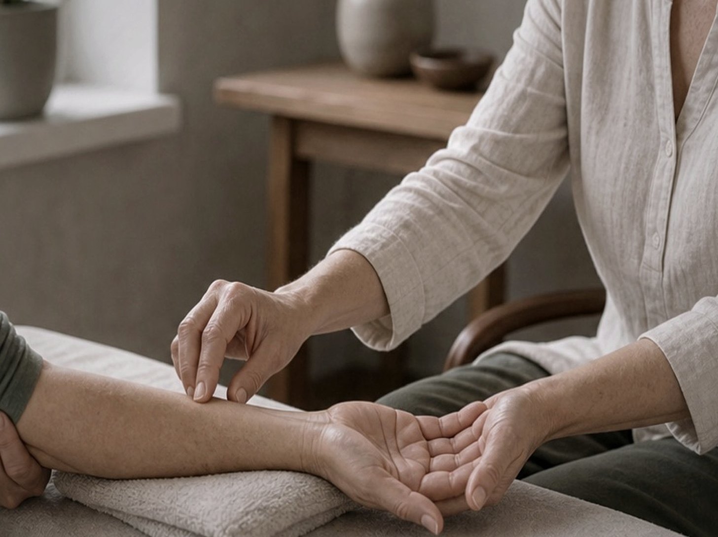 En behandlare undersöker ett ömt område på en persons underarm med fingertopparna.
