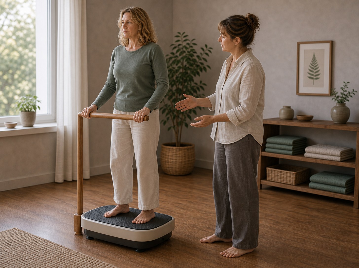 En person står barfota på en vibrationsplattform med räcke medan en tränare övervakar.