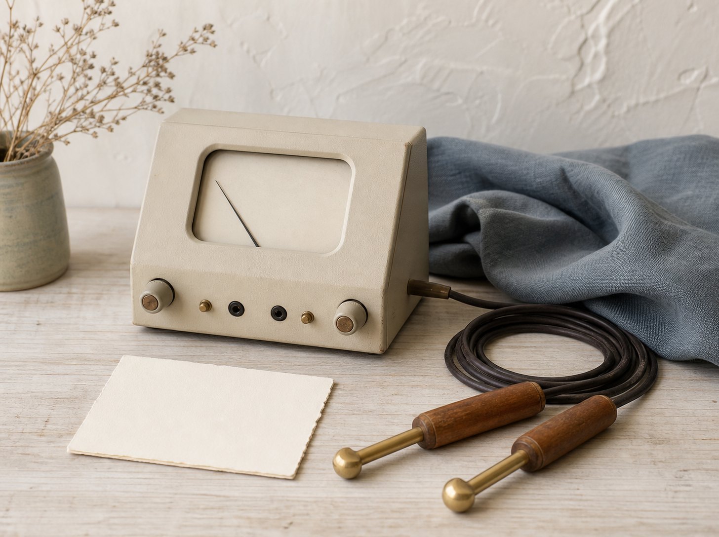 En äldre elektrisk mätapparat står med två handhållna metallprober och hoprullade kablar.