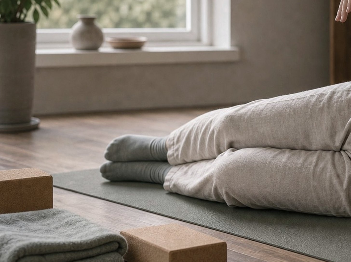 En person vilar liggande på en yogamatta med kudde, filt och yogablock nära.