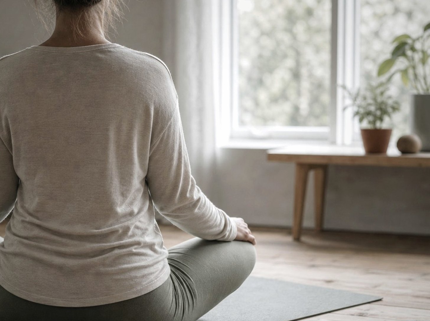 En person sitter med korslagda ben på en yogamatta framför ett ljust fönster.