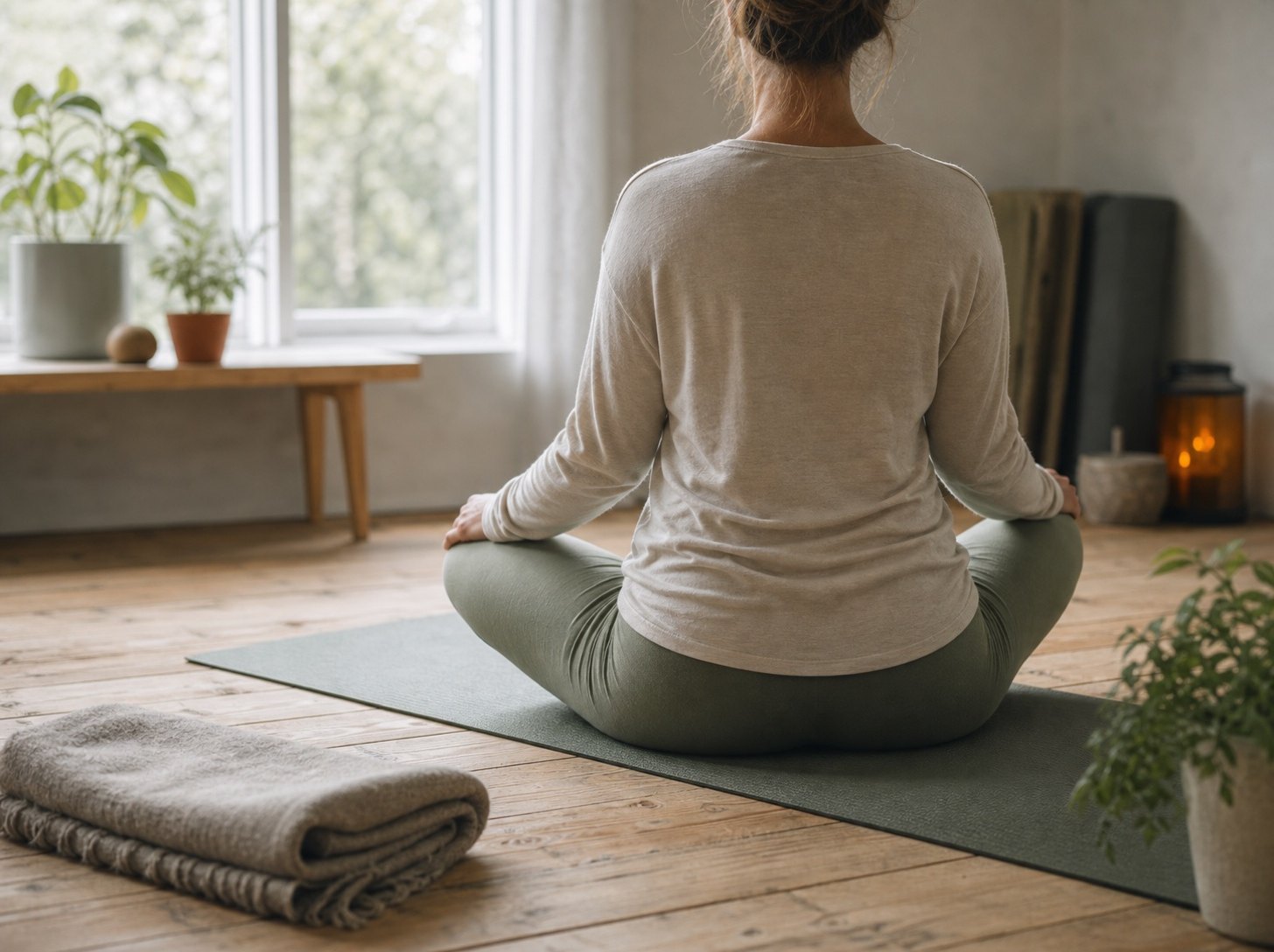 En person sitter med korslagda ben på en yogamatta i ett lugnt rum.