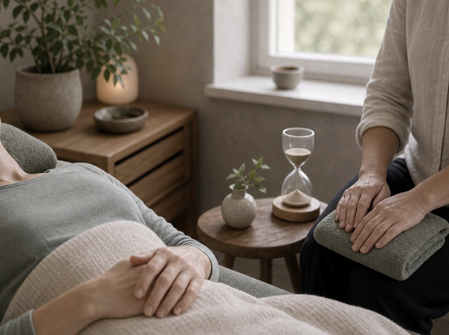 En person ligger ned medan en behandlare sitter bredvid med händerna vilande på en vikt handduk.