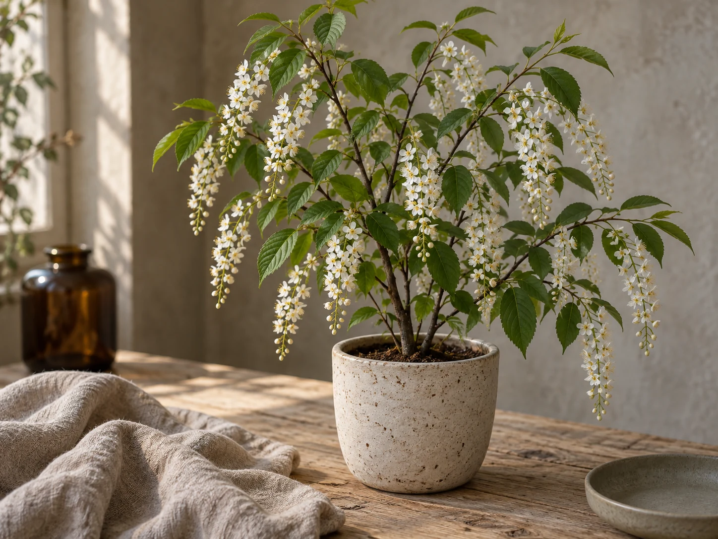 AI-genererad illustration av Hägg (Prunus padus L.) i Växttraditions bildmiljö.