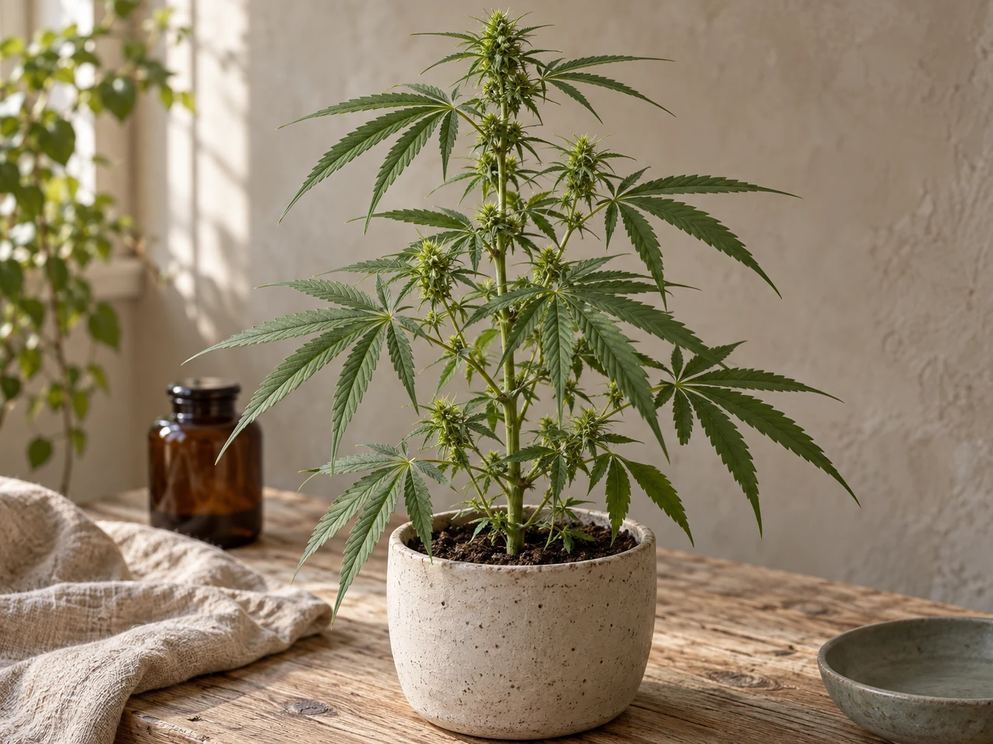 AI-genererad illustration av Hampa/cannabis (Cannabis sativa L.) i Växttraditions bildmiljö.