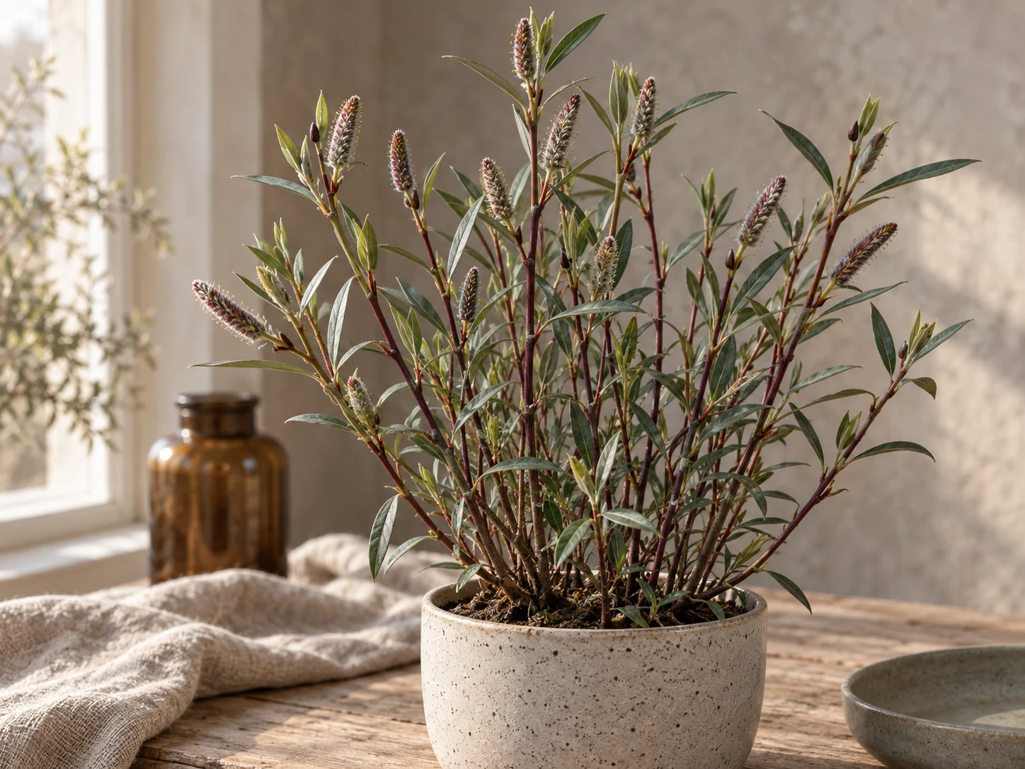 AI-genererad illustration av Rödvide (Salix purpurea L.) i Växttraditions bildmiljö.
