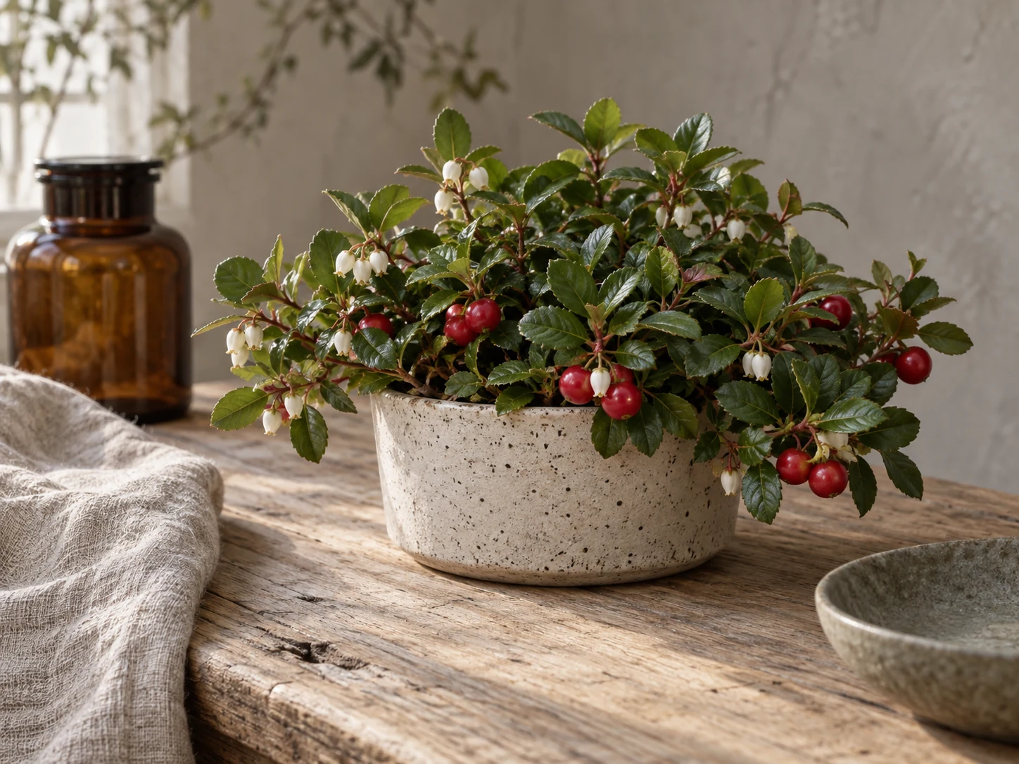 AI-genererad illustration av Vaktelbär (Gaultheria procumbens L.) i Växttraditions bildmiljö.