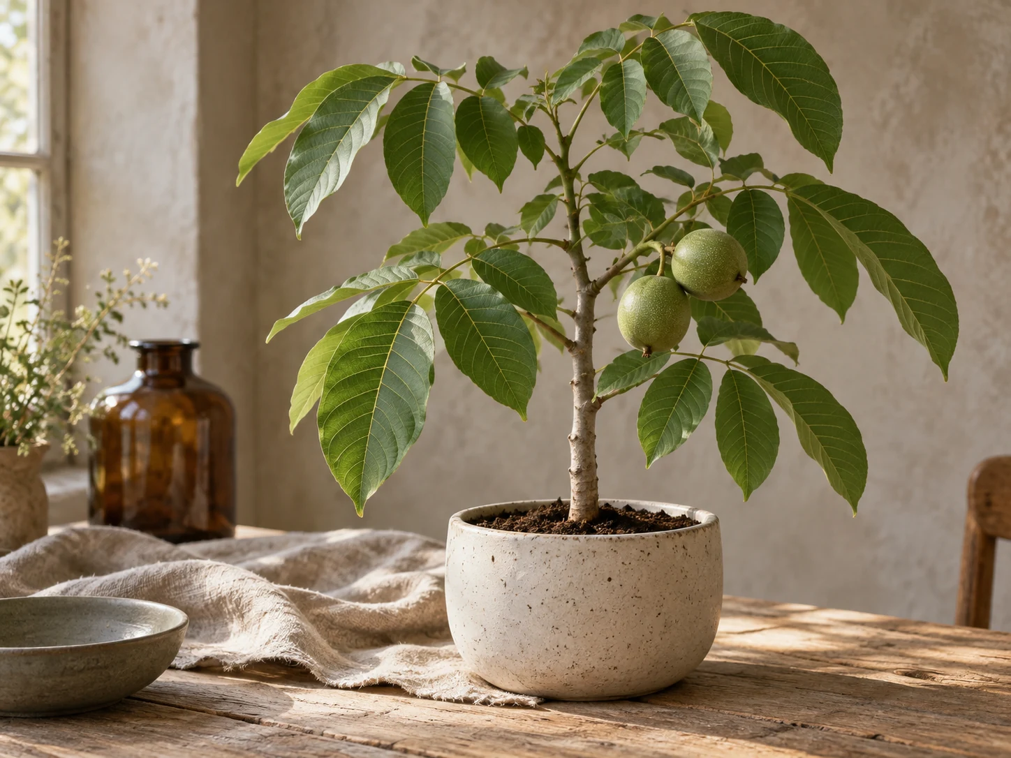 AI-genererad illustration av Valnöt (Juglans regia L.) i Växttraditions bildmiljö.