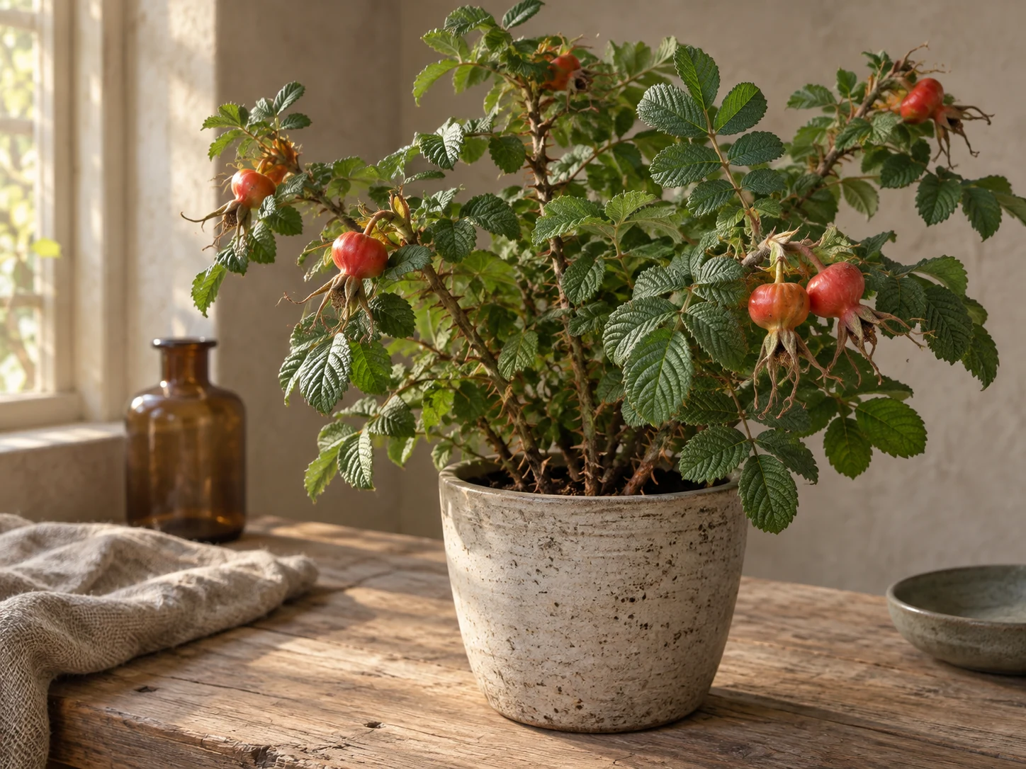AI-genererad illustration av Vresros (Rosa rugosa Thunb.) i Växttraditions bildmiljö.